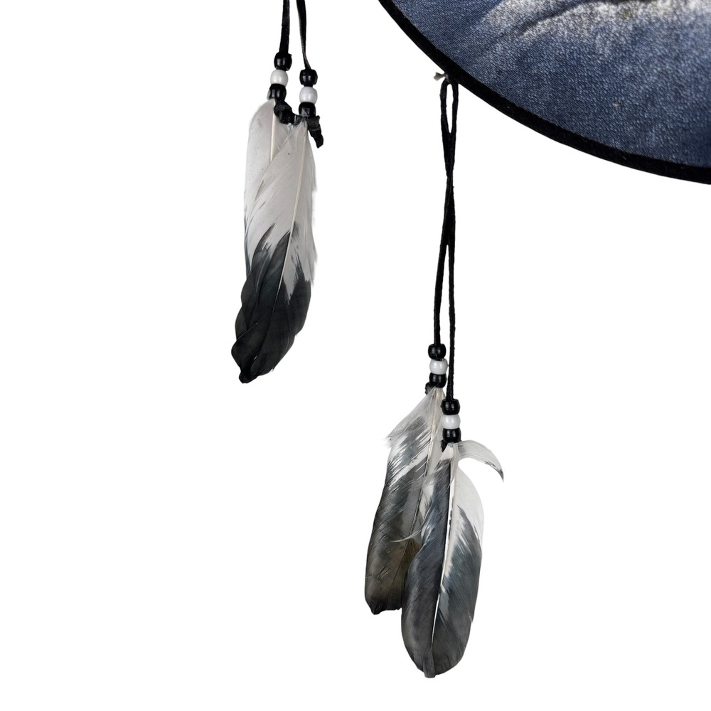Howling Wolf Moon 16" Velvet Dreamcatcher Wall Hanging Blue Feathers Southwest - Picture 9 of 9